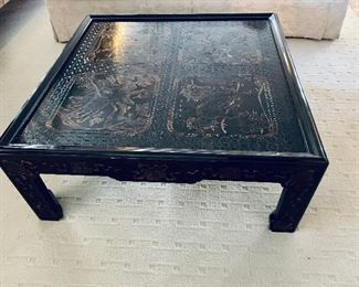 $450; Unicorn and Phoenix motif  black lacquer coffee table; 16.5" H x 40" W x 40" D