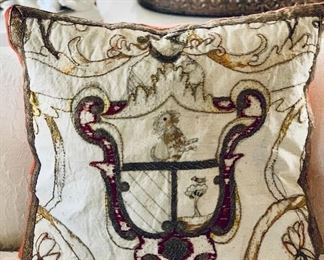 $100; Heraldry Down Filled Pillow made from distressed textile remnant, 18" x 18"