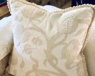 $120; Pair of Embroidered Pomegranate Off-White Down-Filled Pillows with trim; 18" x 18"