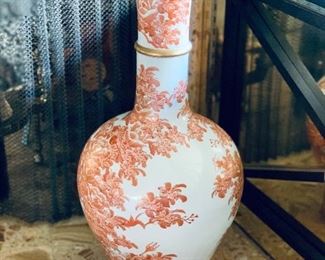 $300; Contemporary  white and orange pumpkin vase; two pieces (separates at neck); 25" H x 10" diameter