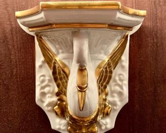 $80; Pair of Swan Ceramic and Gold Trim Walls Shelves #1 of 2 shown, each is 7.5" H x 7" W x 4.5" D