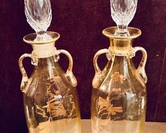 $300; Pair of Handpainted Gold Daisy Decanters; 12" H x 3.5" W