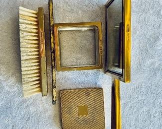 Detail; Asprey (UK) Sterling silver deco style dresser set; brush, comb, dresser jar and mirror