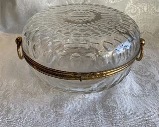 $295 - Round Hinged Crystal Box with Silver Plate Rim and Ring Handles; 7" diameter, 3.5" H  Made in France