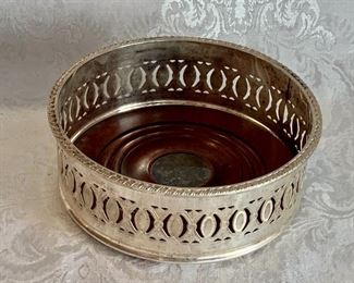 $50 - Wood and Silver Plate Wine Coaster; 2" H 
