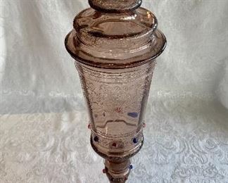 $300; Etched, Pedestal Venetian Glass Jar Studded with Multicolor Glass Beads and Etched Design; 19.5" H