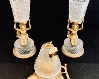 $90; Brass and Glass 3-Piece Set; Pear Lighter is 4.5" H; Candleholders are each 7" H