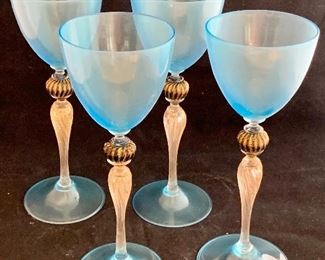 $200; Set Four Sky Blue Wine Glasses with Gold Flecked Twist Stems; 8.5" H