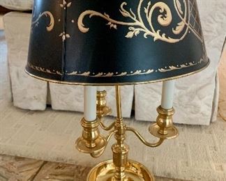 $175 - Three-Arm Brass Candlestick Style Lamp with Metal Shade, tested and working; 21” H x 12” shade 