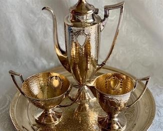 $120 - Three-Piece Silverplate Coffee Service; as is, coffee pot lid is broken at the hinge, tray is included but not part of the original set; coffee pot is 10" H, tray is 12.5"