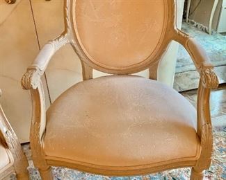 $125; Louis XV style armchair upholstered in cream cut; as is; small stains on seat; 39" H x 23" W. 