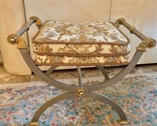 $175; Savonarola style metal vanity seat with cushion; 22.5" H x 16.5" W