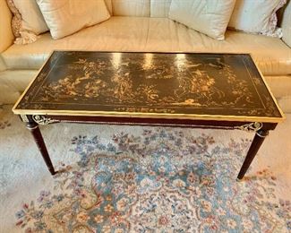 $225; painted Chinoiserie lacquered  coffee table; 18" H x 38.5" W x 18" D