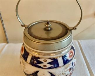 $130 - Imari tea caddy, made in England; 10" H with handle standing up x 6" W 