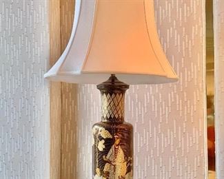 $200 Each - 2 Available - Chinoiserie porcelain vase on wooden base;  One has two working lights. One has one working light and one loose bulb socket. 34" H x 18" W shade. 