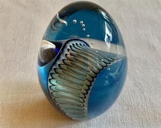 $75 - Signed Blue Art Glass Paperweight, 'Eickholt 1986'; 4" H x 3" W