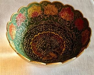 $20; Vintage Brass and Enamel Peacock Bowl, made in India;  3" H x 6.5" W