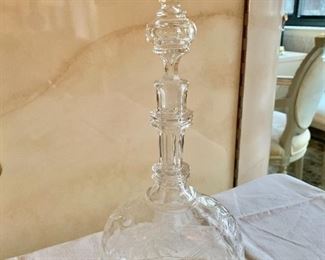 Pair of etched crystal decanters #1 (shown) $200;  #2; (not shown) as-is $75; #2 has chip in mouth; 14" H x 6" W