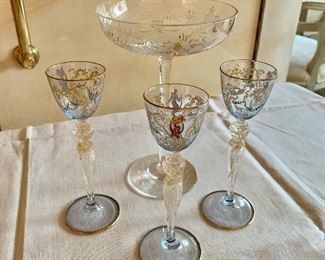 $60 EACH - #1 Large Coupe Glass; 8" H x 5.5" W; some wear to gold accents; and #2,3,4: Blown venetian glass handpainted cordials 7" H each 