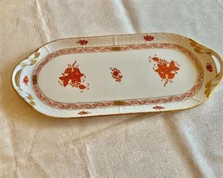 $150; Herend "Chinese Bouquet" rust sandwich tray with handles; 14"L  x 6" W