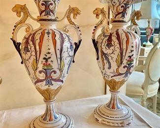 $395 PAIR; Ceramic vases with dragon handles; 14" H x 7.5" W 