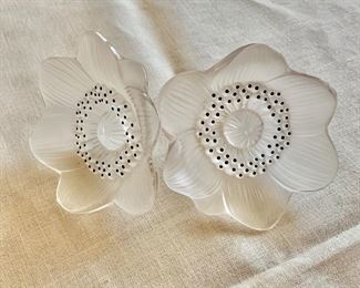 $95PAIR ; Lalique Anemone paperweights - #1 in good condition, #2 with broken stem; 4.5" long with stem, flowers are 4.5" W  
