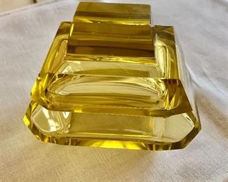 $30; Vintage yellow Czech glass dresser box /powder jar with lid; 5" W x 4" H; As is, chip in the corner of lid