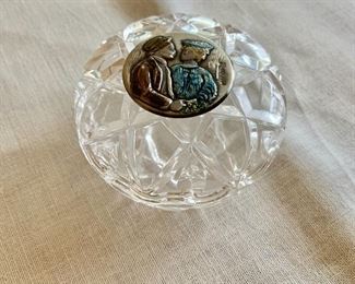 $20; Glass trinket box and lid with Sterling Silver embellishment; 3.5" W x 2" H