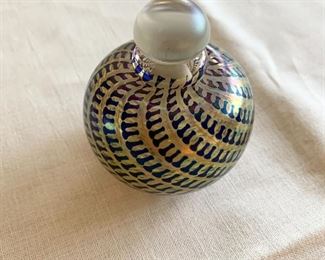 $35; Maytom Studio Blue and Luster Art Glass Perfume Bottle, signed 'Maytom Studio 1988 Susan Mueller'; 3.5" H x 3" W 