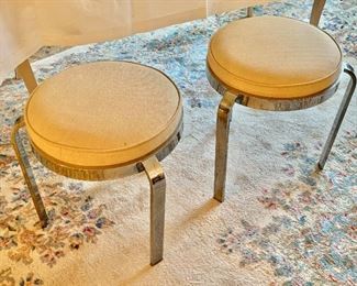 $120; Pair of MCM chrome 3-Legged Stools, Removable Cushions; 18.5" H x 17" W 
