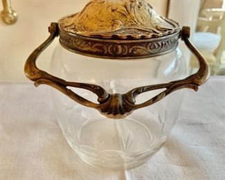 $45 - Glass jar with silverplate lid; as is, missing knob on top of lid; 6” H x 5” W