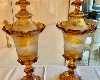 $300 - AS IS Bohemian Cut Glass Urns with Deer -one is cracked, one is chipped. Each is 22.5” H x 9” W