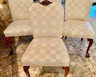 $600 - Four Dining Side Chairs; as is, all four have stains in the fabric. Each is 38" H x 21" W x 21" D, seat height is approximately 19"