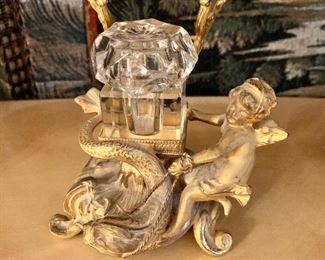 $95 - Cherub and Dolphin Inkwell; 4" H x 3.5" W. As is- chip in the inkwell