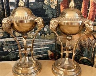 $100 - Pair of small chafing dishes on stands; 11" H, vessels are 4.5" diameter