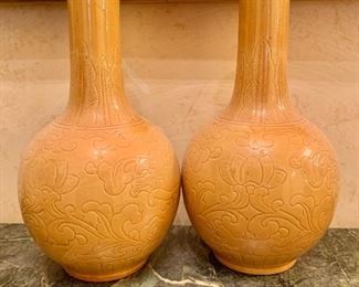 $60 - Pair of yellow vases; 9.5" H x 5" W.  as is
