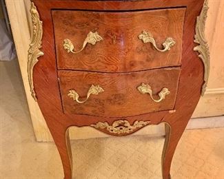 $300 - Vintage Louis XV style ormolu marble topped chest with two drawers, 30" H x 24" W x 14" D. As is-- veneer is peeling from bottom drawer, can be reglued.