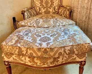 $450; French Provincial lounge chair and ottoman; heavy damask;   Two pillow included; Very good condition;  (36" H x 31" W x 31", seat height is 17")  Ottoman (17" H  x 30" x 20")