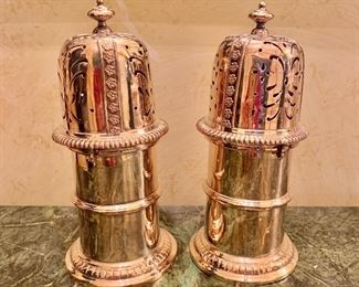 $30 PAIR; Vintage silver plate sugar shakers; 7.5" H x 3.5" W; as is, one has a dent in the cap