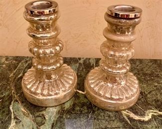 $40 PAIR; Mercury Glass Candlesticks; 5" H, 3" base