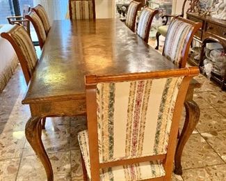 $2,800; French provincial farmhouse dining table OR large desk;  parquet top; 9' x 6' x 30.5" H;  one piece, no leaves, two drawers.