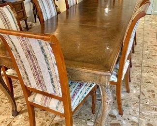 $2000; Eight Inlaid Dining Side Chairs, 41" H x 19" W, seat height is 18" 