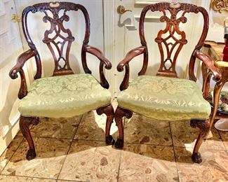 $250 Each, 2 Available:  Georgian style Arm Chairs with damask seats; 40.5" H x 25" W, seat height is approximately 19"