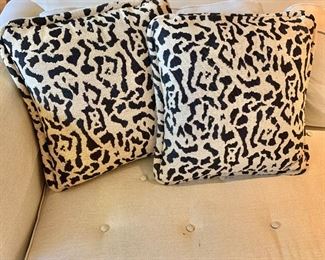 $90 PAIR; Needlepoint animal print pillows, poly filled; 19" square