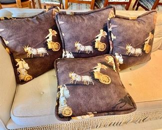 $240; Four custom cherub and chariot pillows, feather filled; 19" square