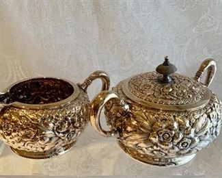 $45; Repousse Silver Plated Sugar Bowl and Creamer; sugar bowl is 4.5" H x 7.5" W 