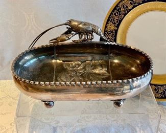 $120; Wilcox Silver Plate Co. Bowl with Lobster and Repousse Flowers; 10" W x 4.5" H x 4.5" D