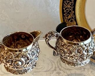 $40; W.B. Mfg Co. Repousse Sugar Bowl and Creamer (Small); sugar bowl is 2.5" H x 4.5" W