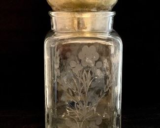 $60; Etched Glass Storage Jar with brushed silver ball lid; 12" H x 5" x 5"