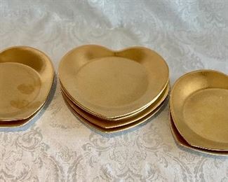 $60; (8) Philippe Deshoulieres Gold Limoges Porcelain Heart Shaped Cocktail Plates; 5.75" x 5"